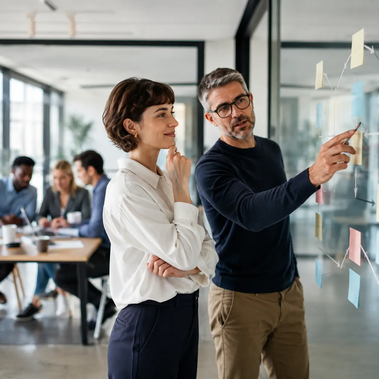 Professionals wijzen naar whiteboard
