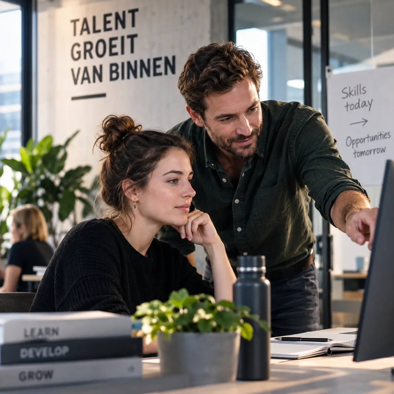 Professionals wijzen naar computerscherm